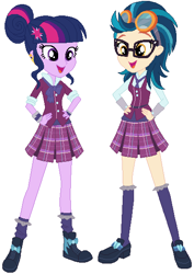 Size: 410x579 | Tagged: safe, artist:ra1nb0wk1tty, imported from derpibooru, indigo zap, sci-twi, twilight sparkle, equestria girls, clothes, clothes swap, crystal prep academy uniform, glasses, school uniform, socks