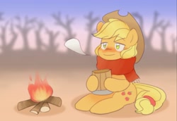 Size: 3905x2679 | Tagged: safe, artist:sagwamat, imported from derpibooru, applejack, earth pony, pony, blushing, campfire, cider, cider mug, clothes, cowboy hat, cute, female, hat, jackabetes, mug, scarf, smiling, solo, stetson, tankard