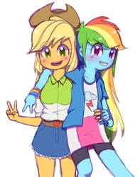 Size: 1007x1280 | Tagged: safe, artist:sagwamat, imported from derpibooru, applejack, rainbow dash, equestria girls, appledash, blushing, clothes, cowboy hat, duo, female, hat, lesbian, looking at you, peace sign, shipping, simple background, smiling, stetson, white background