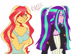 Size: 1024x768 | Tagged: safe, artist:brickercupmasterx3, imported from derpibooru, aria blaze, sunset shimmer, equestria girls, rainbow rocks, accessory swap, blushing, clothes, female, jacket, lesbian, one eye closed, shipping, simple background, smiling, sunblaze, wink