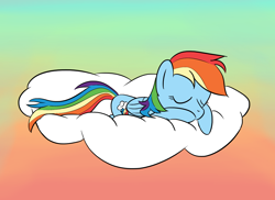 Size: 1760x1280 | Tagged: safe, artist:phat_guy, derpibooru exclusive, imported from derpibooru, rainbow dash, pegasus, pony, cloud, cutie mark, eyes closed, female, gradient background, hooves, lying, lying down, lying on a cloud, mare, on a cloud, prone, sleeping, sleepydash, solo, wings