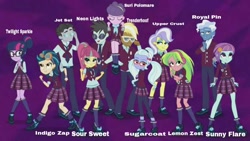 Size: 1024x576 | Tagged: safe, edit, edited screencap, imported from derpibooru, screencap, indigo zap, jet set, lemon zest, neon lights, pokey pierce, rising star, sci-twi, sour sweet, sugarcoat, sunny flare, suri polomare, trenderhoof, twilight sparkle, upper crust, equestria girls, friendship games, captain obvious, clothes, crystal prep academy uniform, crystal prep shadowbolts, female, names, school uniform, shadow six, socks