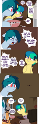 Size: 1865x5796 | Tagged: safe, artist:shinodage, imported from derpibooru, oc, oc only, oc:apogee, oc:delta vee, pegasus, pony, ..., angry, ashtray, bags under eyes, boop o' roops, bowl, cereal, cigarette, clothes, comic, delta vee's junkyard, dialogue, duo, ear freckles, female, floppy ears, food, freckles, milk, no pupils, paper towels, poster, remote, scared, shirt, television, vulgar