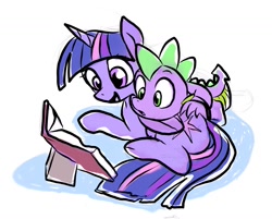 Size: 1467x1182 | Tagged: safe, artist:gsphere, imported from derpibooru, spike, twilight sparkle, twilight sparkle (alicorn), alicorn, dragon, pony, book, colored sketch, duo, female, male, mare, simple background, smiling, white background