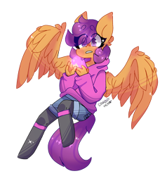 Size: 1552x1627 | Tagged: safe, artist:starboy-hen, imported from derpibooru, scootaloo, oc, oc:ponytale scootaloo, anthro, unguligrade anthro, comic:ponytale, clothes, crossover, cute, cutealoo, female, heart, hoodie, jeans, purple eyes, scootaloo loves sans, shorts, simple background, solo, soul, surprised, transparent background, undertale, wings