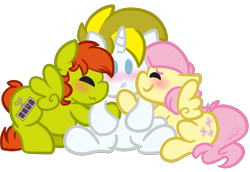 Size: 3359x2317 | Tagged: safe, artist:befishproductions, imported from derpibooru, fluttershy, oc, oc:white heart, oc:young weird, pegasus, pony, unicorn, blushing, canon x oc, chibi, cute, female, hug, hug sandwich, male, oc x oc, polyamory, shipping, simple background, straight, transparent background, whiteshy, youngheart