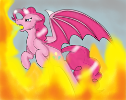 Size: 1023x816 | Tagged: safe, artist:daedric-dragon, imported from derpibooru, pinkie pie, dracony, dragon, hybrid, pony, dragonified, female, fire, fire breath, mare, pinkiedragon, solo, species swap