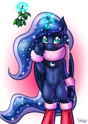 Size: 1034x1453 | Tagged: safe, artist:skorpionletun, imported from derpibooru, princess luna, alicorn, semi-anthro, belly button, bipedal, blushing, clothes, cute, female, looking at you, lunabetes, mare, mistletoe, scarf, smiling, socks, solo