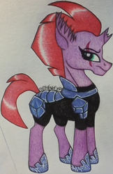 Size: 720x1112 | Tagged: safe, artist:raritylover152, imported from derpibooru, tempest shadow, pony, unicorn, my little pony: the movie, armor, broken horn, eye scar, female, mare, scar, simple background, solo, traditional art
