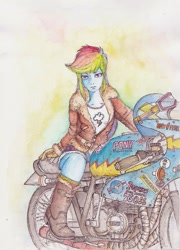 Size: 738x1024 | Tagged: safe, artist:daisymane, imported from derpibooru, rainbow dash, equestria girls, clothes, female, looking at you, motorcycle, multicolored hair, solo, traditional art, watercolor painting