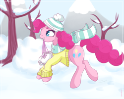 Size: 5000x4000 | Tagged: safe, artist:lemanda, imported from derpibooru, pinkie pie, earth pony, pony, absurd resolution, bundled up for winter, clothes, coat, female, hat, ice skates, mare, scarf, skates, smiling, snow, solo, tree, winter outfit