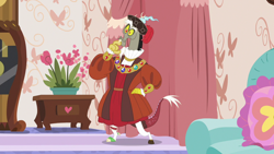 Size: 1280x720 | Tagged: safe, imported from derpibooru, screencap, discord, draconequus, discordant harmony, clothes, discord viii, hat, henry viii, male, solo, tudor cap