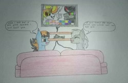 Size: 1722x1119 | Tagged: safe, imported from derpibooru, oc, oc only, oc:blue pixel, oc:silverlining, bat pony, griffon, hybrid, angry, bat pony griffon, couch, gay, laughing, male, traditional art, video game