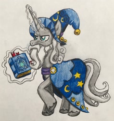 Size: 2547x2692 | Tagged: safe, artist:bozzerkazooers, imported from derpibooru, star swirl the bearded, pony, unicorn, book, clothes, glowing horn, hat, magic, male, solo, stallion, traditional art, wizard hat