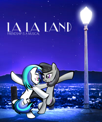 Size: 1041x1252 | Tagged: safe, artist:dan232323, imported from derpibooru, dj pon-3, octavia melody, vinyl scratch, earth pony, pony, unicorn, dancing, female, la la land, lamppost, lesbian, looking at each other, mare, night, poster, scratchtavia, shipping, smiling, stars