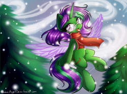 Size: 2300x1700 | Tagged: safe, artist:chaosangeldesu, imported from derpibooru, oc, oc only, oc:buggy code, pony, unicorn, artificial wings, augmented, clothes, female, flying, glasses, glowing horn, magic, magic wings, mare, open mouth, scarf, snow, solo, tongue out, tree, wings, winter