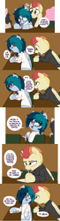 Size: 1899x6980 | Tagged: safe, artist:shinodage, imported from derpibooru, oc, oc only, oc:delta vee, oc:jet stream, pegasus, pony, adorkable, cheating, classroom, clothes, comic, cute, delta vee's junkyard, dialogue, dork, exam, female, flashback, freckles, glasses, hoof hold, looking back, male, mare, messy mane, mouth hold, pen, shirt, smiling, speech bubble, stallion, sweater, teenager, turtleneck, younger