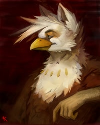 Size: 1023x1280 | Tagged: safe, artist:refegi, imported from derpibooru, oc, oc only, oc:ember burd, griffon, bust, commission, eared griffon, griffon oc, painting, portrait, solo