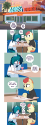 Size: 3036x8348 | Tagged: safe, artist:shinodage, imported from derpibooru, oc, oc only, oc:delta vee, oc:jet stream, pegasus, pony, clothes, comic, delta vee's junkyard, dialogue, diner, duo, female, flashback, food, freckles, glasses, implied princess celestia, implied princess luna, looking at each other, looking down, male, mare, messy mane, milkshake, palm tree, restaurant, shirt, sitting, speech bubble, stallion, sweater, teenager, tree, turtleneck, waffle, younger