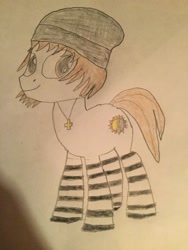 Size: 2448x3264 | Tagged: safe, imported from derpibooru, oc, oc only, oc:sunray shadow, earth pony, pony, beanie, clothes, cross, cutie mark, drawing, hat, jewelry, male, necklace, socks, solo, striped socks, sun, traditional art