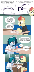 Size: 2944x6210 | Tagged: safe, artist:shinodage, imported from derpibooru, oc, oc only, oc:delta vee, oc:jet stream, pegasus, pony, clothes, comic, concorde, delta vee's junkyard, dialogue, diner, duo, female, flashback, food, freckles, glasses, looking at each other, looking up, male, mare, messy mane, milkshake, plane, restaurant, rocket, saturn v, shirt, sitting, speech bubble, stallion, sweater, teenager, turtleneck, waffle, younger