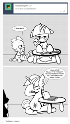 Size: 736x1305 | Tagged: safe, artist:mamatwilightsparkle, imported from derpibooru, spike, twilight sparkle, dragon, tumblr:mama twilight sparkle, ask, baby, baby spike, blanket, book, diaper, female, filly, filly twilight sparkle, mama twilight, monochrome, pencil drawing, table, traditional art, tumblr, tumblr comic, younger