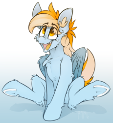 Size: 1562x1694 | Tagged: safe, artist:ralek, imported from derpibooru, oc, oc only, oc:citrus sprinkles, pegasus, pony, chest fluff, ear fluff, freckles, frog (hoof), gradient background, hhh, horseshoes, open mouth, simple background, sitting, solo, spread legs, spreading, underhoof