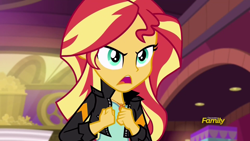 Size: 1920x1080 | Tagged: safe, imported from derpibooru, screencap, sunset shimmer, equestria girls, mirror magic, spoiler:eqg specials, cinema, clothes, discovery family logo, female, geode of empathy, jacket, leather jacket, offscreen character, open mouth, solo, talking, theater