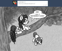 Size: 1101x920 | Tagged: safe, artist:nimaru, imported from derpibooru, oc, oc only, oc:winter willow, pegasus, pony, ask, female, mare, monochrome, prone, tree, tree branch, tumblr