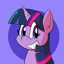 Size: 2400x2400 | Tagged: safe, artist:pembroke, imported from derpibooru, twilight sparkle, pony, abstract background, bust, female, grin, mare, portrait, smiling, solo