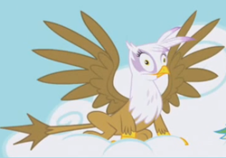 Size: 386x270 | Tagged: safe, imported from derpibooru, screencap, gilda, rainbow dash, griffon, griffon the brush off, cloud, cropped, faic, female, majestic, majestic as fuck, shocked, solo, spread wings, wings