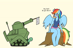 Size: 3972x2600 | Tagged: safe, artist:franschesco, imported from derpibooru, rainbow dash, tank, anthro, pegasus, unguligrade anthro, anatomically incorrect, blushing, clothes, dialogue, female, flag, incorrect leg anatomy, mare, pun, shorts, simple background, tank (vehicle), tanktop, tree stump, visual pun