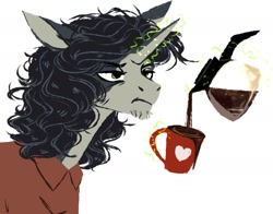 Size: 2001x1569 | Tagged: safe, artist:weird--fish, imported from derpibooru, oc, oc only, pony, unicorn, beard, clothes, coffee, coffee mug, facial hair, glowing horn, magic, male, mug, simple background, solo, stallion, telekinesis, white background