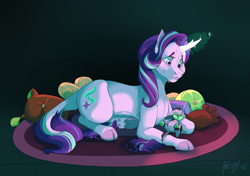 Size: 887x626 | Tagged: safe, artist:qatsby, imported from derpibooru, starlight glimmer, oc, oc:piper, classical unicorn, hybrid, minotaur, pony, unicorn, cloven hooves, crying, cushion, duo, glowing horn, interspecies offspring, leonine tail, offspring, parent:lord tirek, parent:starlight glimmer, parents:starek, prone, rug, sad, story in the source, underhoof, unshorn fetlocks