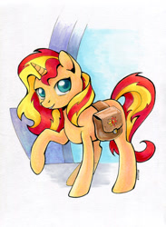 Size: 650x886 | Tagged: safe, artist:maytee, imported from derpibooru, sunset shimmer, pony, unicorn, copic, cute, female, looking at you, mare, raised hoof, saddle bag, shimmerbetes, solo, traditional art