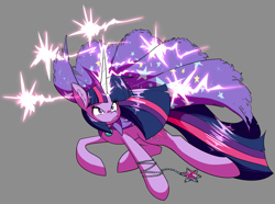 Size: 2022x1501 | Tagged: dead source, safe, artist:reiduran, imported from derpibooru, twilight sparkle, pony, cape, clothes, colored, ear fluff, epic, female, glowing horn, gray background, long tail, magic, mare, serious, serious face, simple background, solo, trixie's cape