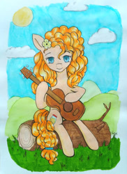 Size: 670x920 | Tagged: safe, artist:chmurkaburzowa, imported from derpibooru, pear butter, earth pony, pony, female, flower, flower in hair, guitar, hoof hold, log, looking at you, sitting, smiling, solo, traditional art