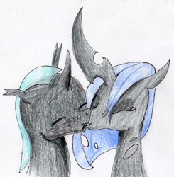 Size: 1448x1477 | Tagged: safe, artist:40kponyguy, derpibooru exclusive, imported from derpibooru, oc, oc only, oc:myxine, oc:steel crescent, changeling, changeling queen, changeling oc, changeling queen oc, eyes closed, fangs, female, kissing, oc x oc, requested art, shipping, simple background, traditional art, white background