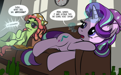 Size: 3600x2229 | Tagged: safe, artist:1trick, artist:dwk, imported from derpibooru, starlight glimmer, tree hugger, earth pony, pony, unicorn, anime, beanie, bloodshot eyes, blunt, bong, bottle, chicken tenders, clock, clothes, couch, drugs, duo, equestria girls outfit, female, glowing, glowing horn, hat, high, horn, joint, levitation, magic, mare, marijuana, ponies eating meat, senpai, smoking, stoned, telekinesis, tree stoner