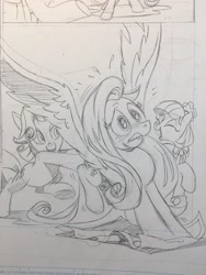 Size: 1536x2048 | Tagged: safe, artist:andypriceart, idw, imported from derpibooru, coco pommel, fluttershy, rarity, spoiler:comic, spoiler:comic64, 2018, butt touch, comic, hoof on butt, monochrome, pushing, rump push, sketch, traditional art, trio, wip