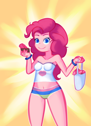 Size: 1152x1584 | Tagged: safe, artist:drantyno, imported from derpibooru, pinkie pie, equestria girls, armpits, bag, belly button, breasts, clothes, cupcake, female, food, frilly underwear, panties, smiling, solo, striped underwear, tube top, underwear