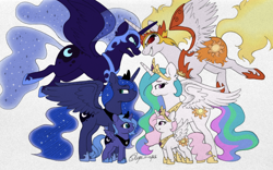 Size: 1200x748 | Tagged: safe, artist:sugasnaps, imported from derpibooru, daybreaker, nightmare moon, princess celestia, princess luna, cewestia, ethereal mane, female, filly, filly luna, mane of fire, pink-mane celestia, signature, simple background, starry mane, white background, woona, younger