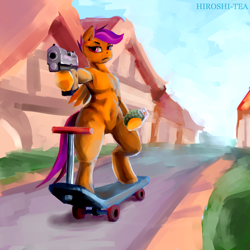 Size: 1280x1280 | Tagged: safe, artist:hiroshi-tea, imported from derpibooru, scootaloo, semi-anthro, armpits, dexterous hooves, female, grenade, gun, handgun, older, scooter, solo, traditional art, wat, watercolor painting, weapon