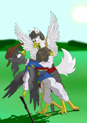 Size: 2480x3507 | Tagged: safe, artist:ethernal dye, imported from derpibooru, oc, oc only, oc:charcoal, oc:felix, eagle, griffon, armor, female, hussar, male, musketeer, poland, request, straight, sweden