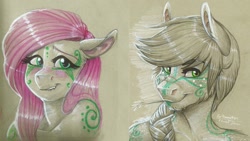 Size: 1600x901 | Tagged: safe, artist:earthsong9405, imported from derpibooru, applejack, fluttershy, anthro, blushing, bust, duo, lip bite, looking at you, portrait, rainbow power, scar, straw in mouth, swirly markings, traditional art