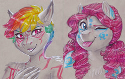 Size: 1280x815 | Tagged: safe, artist:earthsong9405, imported from derpibooru, pinkie pie, rainbow dash, anthro, alternate hairstyle, bust, chubby cheeks, gray background, hand on chest, one eye closed, short mane, simple background, swirly markings, tongue out, traditional art, wink