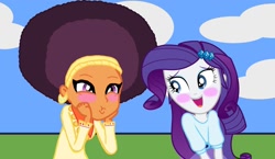 Size: 1174x681 | Tagged: safe, artist:ktd1993, imported from derpibooru, rarity, saffron masala, equestria girls, afro, awesome face, blushing, dashface, equestria girls-ified, female, lesbian, raffron, shipping