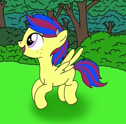 Size: 768x758 | Tagged: safe, artist:linedraweer, imported from derpibooru, oc, oc only, oc:sky chaser, commission, flying lesson, foal, forest, solo