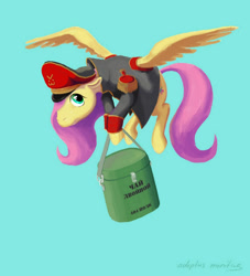 Size: 900x990 | Tagged: safe, artist:adeptus-monitus, imported from derpibooru, fluttershy, pegasus, pony, >:3, blue background, carrying, clothes, commissar, container, crossover, cyrillic, female, floppy ears, flying, food, food container, hat, hoof hold, looking at you, looking sideways, military uniform, peaked cap, ration, russian, simple background, solo, spread wings, tea, translated in the description, uniform, warhammer (game), warhammer 40k, wings