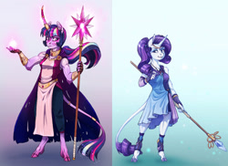Size: 1600x1167 | Tagged: safe, artist:earthsong9405, artist:php130, artist:turnipberry, imported from derpibooru, rarity, twilight sparkle, anthro, classical unicorn, unguligrade anthro, unicorn, goddess au, alternate universe, arm band, blue background, cloven hooves, collaboration, curved horn, demigod, duo, female, gradient background, horn ring, leonine tail, link in description, long description, mare, priestess, purple background, robes, simple background, staff, swirly markings, tail ring, unshorn fetlocks